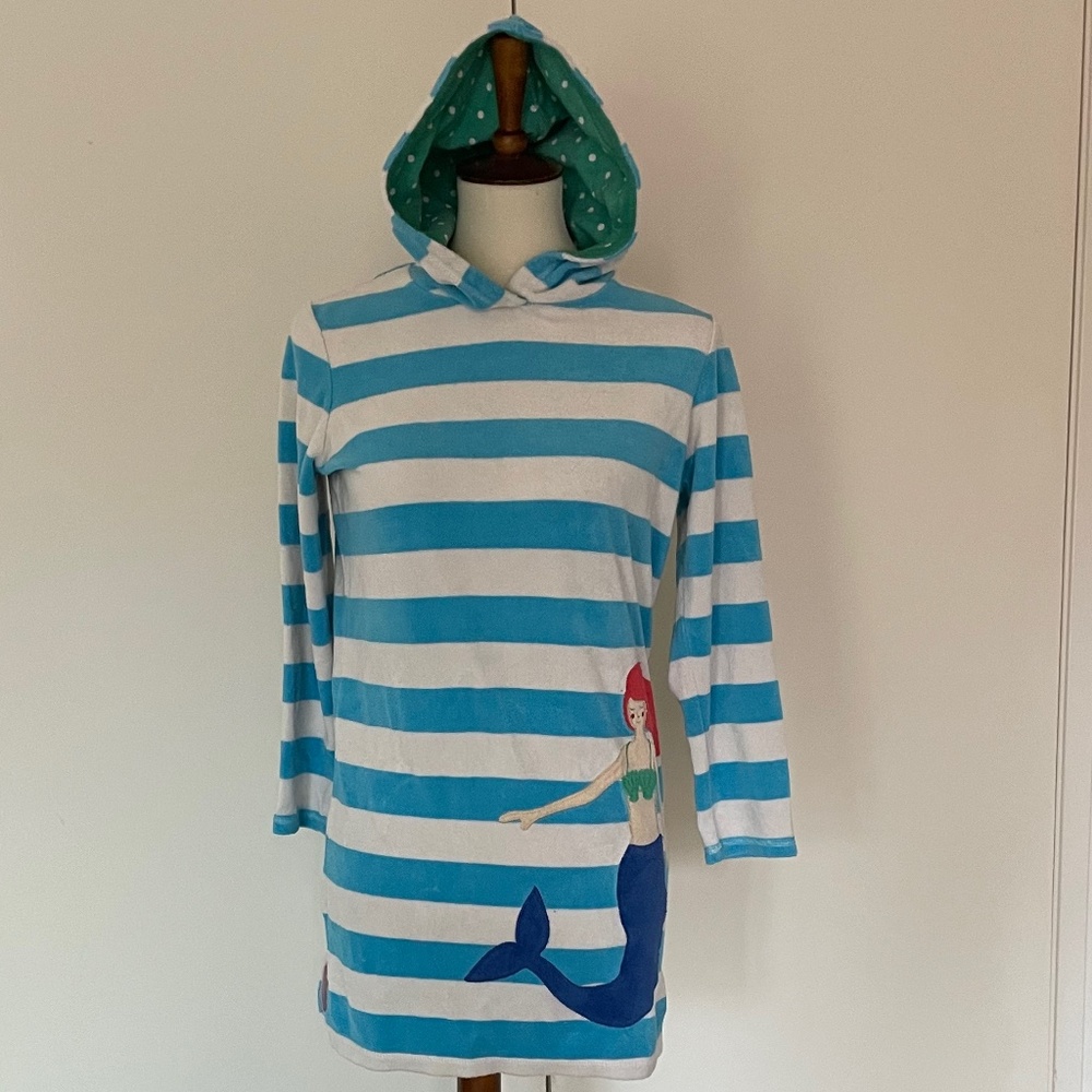 Mini Boden Girl’s Stripped Terrycloth Mermaid Swim Coverup w/ Hood; Long-Sleeved